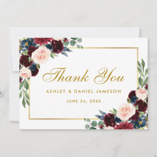 Tarjeta De Agradecimiento Burgundy Blue Floral Gold Boda Gracias B