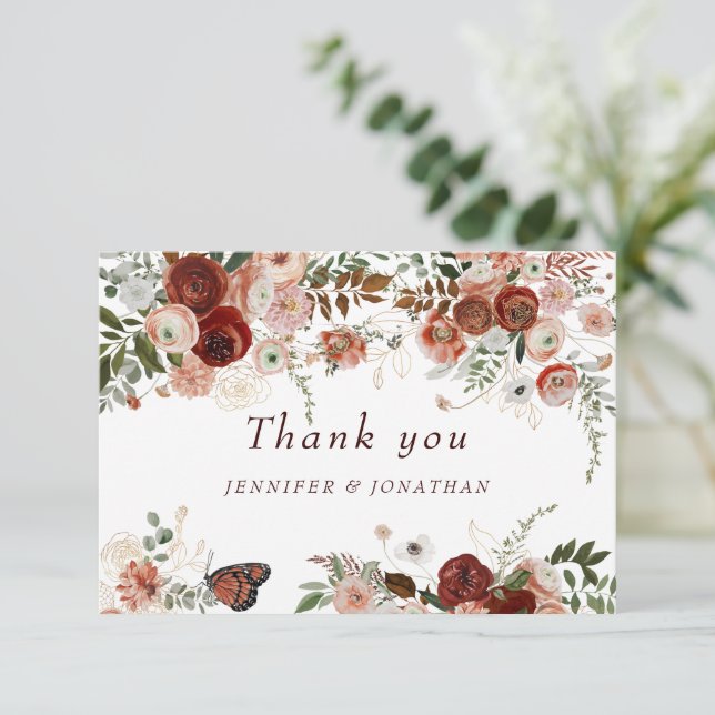 Tarjeta De Agradecimiento Burgundy Boho Gold Flor Watercolor (Anverso de pie)