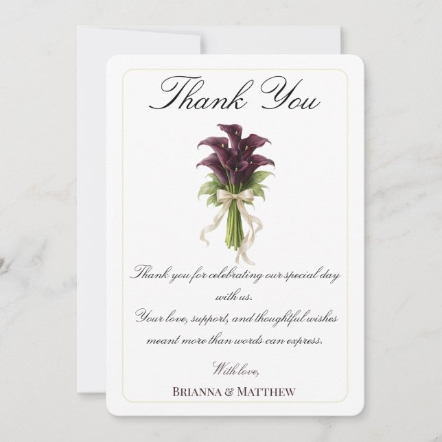 Tarjeta De Agradecimiento Burgundy Calla Lily Wedding Bouquet Ivory Ribbon  (Anverso)