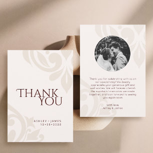 Tarjeta De Agradecimiento Burgundy Crema Chic Elegante Foto Boda Damasco
