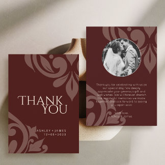 Tarjeta De Agradecimiento Burgundy Elegant Chic Damask Photo Wedding 