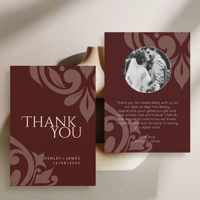 Tarjeta De Agradecimiento Burgundy Elegant Chic Damask Photo Wedding  (Subido por el creador)