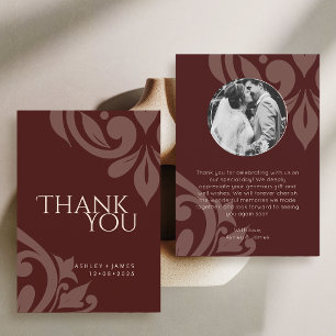 Tarjeta De Agradecimiento Burgundy Elegante Chicó Damasco Foto Boda 
