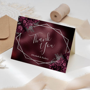 Tarjeta De Agradecimiento Burgundy Faux Relieve metalizado Floral Plata Boda