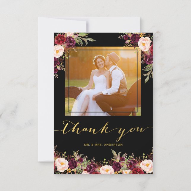 Tarjeta De Agradecimiento Burgundy Floral Black Gold Photo Boda Gracias (Anverso)