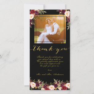 Tarjeta De Agradecimiento Burgundy Floral Black Gold Photo Boda Gracias