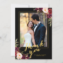 Tarjeta De Agradecimiento Burgundy Floral Black Gold Script Boda Foto