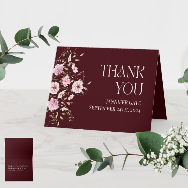Tarjeta De Agradecimiento Burgundy Floral Bridal Shower Thank You Card  (Subido por el creador)