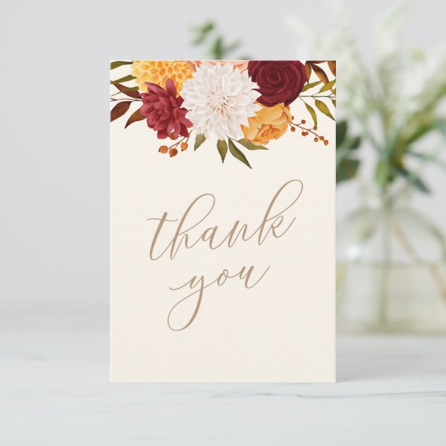 Tarjeta De Agradecimiento Burgundy Floral Fall Baby Shower (Anverso de pie)