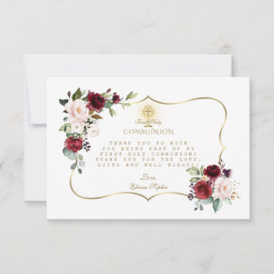 Tarjeta De Agradecimiento Burgundy Floral Gold Cross Chalice Santa Comunión