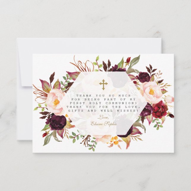 Tarjeta De Agradecimiento Burgundy Floral Gold Geometric Holy Communia (Anverso)