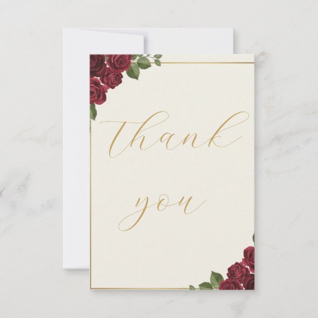 Tarjeta De Agradecimiento Burgundy Floral Gold Script Wedding Thank You Card (Anverso)