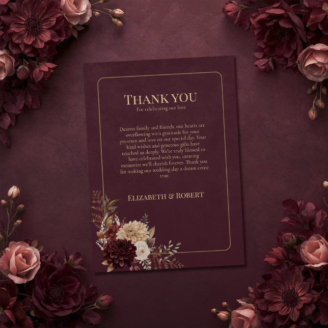 Tarjeta De Agradecimiento Burgundy Floral Gothic Wedding Thank You Card (Burgundy Floral Gothic Wedding Thank You Card on a burgundy witchy wedding table with flowers)