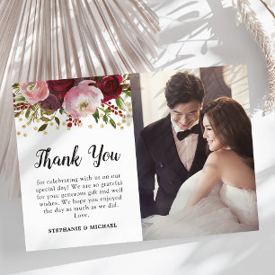 Tarjeta De Agradecimiento Burgundy Floral Photo Boda Gracias
