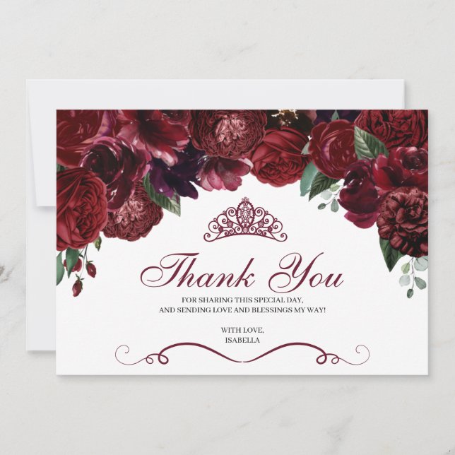 Tarjeta De Agradecimiento Burgundy Floral Quinceanera Gracias (Anverso)