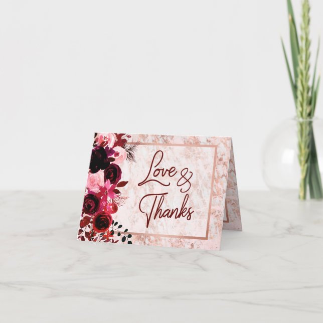 Tarjeta De Agradecimiento Burgundy Floral & Rosa Gold Boda Gracias (Anverso)