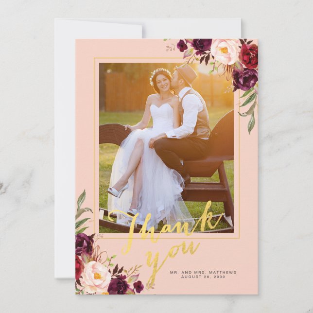 Tarjeta De Agradecimiento Burgundy Floral Rubor Pink Gold Photo Boda (Anverso)
