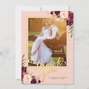 Tarjeta De Agradecimiento Burgundy Floral Rubor Pink Gold Photo Boda