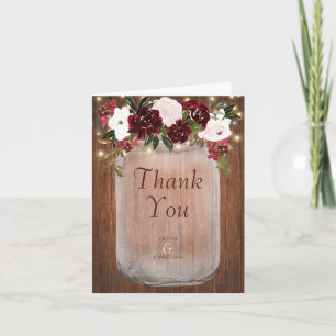 Tarjeta De Agradecimiento Burgundy Floral Rustic Wood Mason Jar Boda