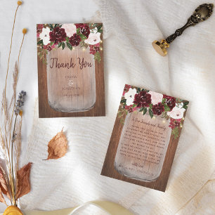 Tarjeta De Agradecimiento Burgundy Floral Rustic Wood Mason Jar Boda