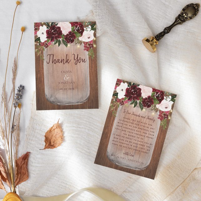 Tarjeta De Agradecimiento Burgundy Floral Rustic Wood Mason Jar Boda (Subido por el creador)