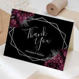 Tarjeta De Agradecimiento Burgundy Floral Silver Boda geométrico negro
