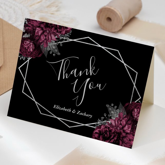 Tarjeta De Agradecimiento Burgundy Floral Silver Boda geométrico negro (Subido por el creador)