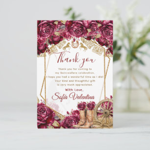 Tarjeta De Agradecimiento Burgundy Gold Charra Quinceañera Floral Western
