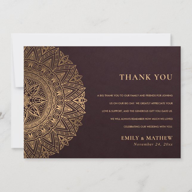 TARJETA DE AGRADECIMIENTO BURGUNDY GOLD CLASSIC ORNATE MANDALA BODA (Anverso)