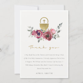 TARJETA DE AGRADECIMIENTO BURGUNDY GOLD FLORAL PRIMERA COMUNICACIÓN SANTA