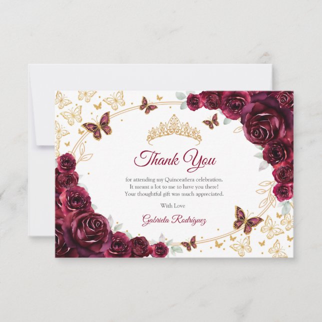 Tarjeta De Agradecimiento Burgundy Gold Floral Quinceanera (Anverso)