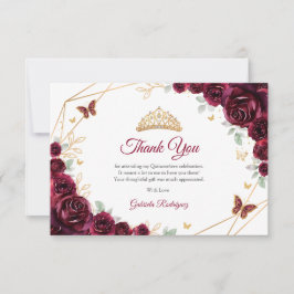 Tarjeta De Agradecimiento Burgundy Gold Floral Quinceanera