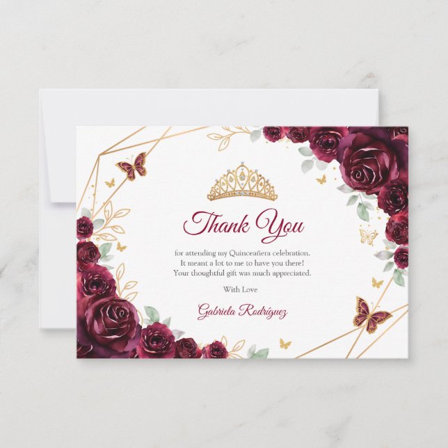 Tarjeta De Agradecimiento Burgundy Gold Floral Quinceanera (Anverso)