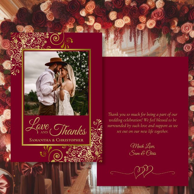 Tarjeta De Agradecimiento Burgundy & Gold Love & Gracias Photo & Note Boda (Front/Back)