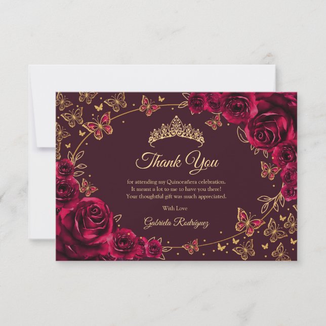 Tarjeta De Agradecimiento Burgundy Gold Quinceanera (Anverso)
