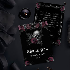 Tarjeta De Agradecimiento Burgundy Gothic Floral Skull Boda de Halloween