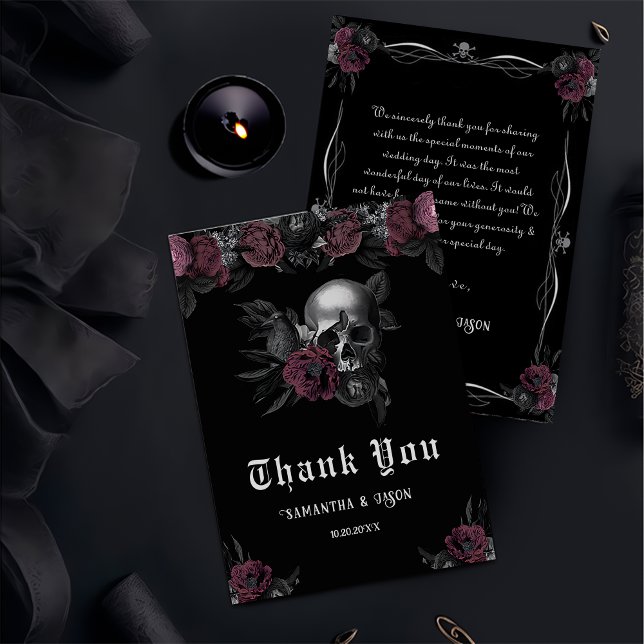 Tarjeta De Agradecimiento Burgundy Gothic Floral Skull Boda de Halloween (Subido por el creador)