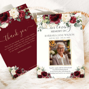 Tarjeta De Agradecimiento Burgundy Marfil Blanco Floral Foto Funeral Memoria