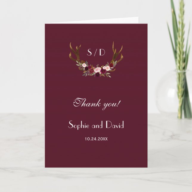 Tarjeta De Agradecimiento Burgundy Marsala Floral Antlers Boda Gracias (Anverso)