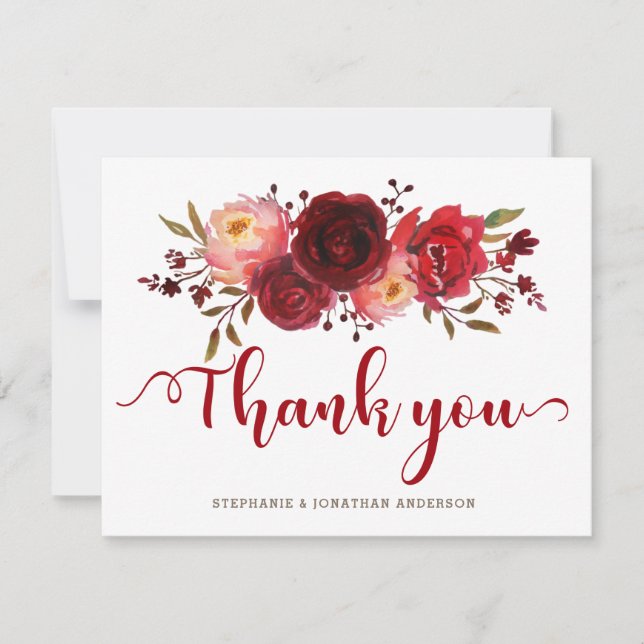 Tarjeta De Agradecimiento Burgundy Marsala Red Roses Floral Gracias (Anverso)
