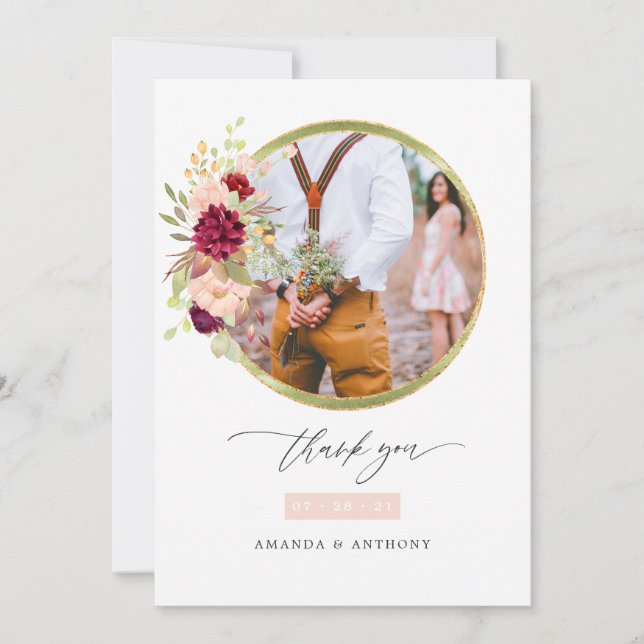 Tarjeta De Agradecimiento Burgundy-Marsala y foto de Boda de Rubor (Anverso)