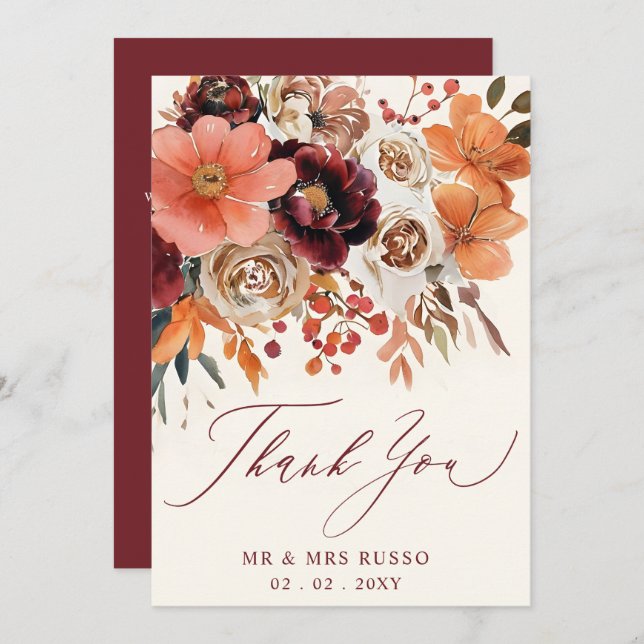 Tarjeta De Agradecimiento Burgundy Orange Floral Fall Wedding  (Anverso / Reverso)