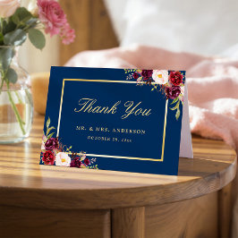 Tarjeta De Agradecimiento Burgundy Peony Floral Gold Naval Azul Gracias