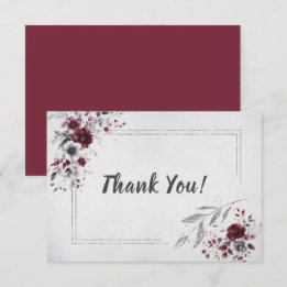 Tarjeta De Agradecimiento Burgundy Profundo Floral Acuarela Gris Plateado Pe