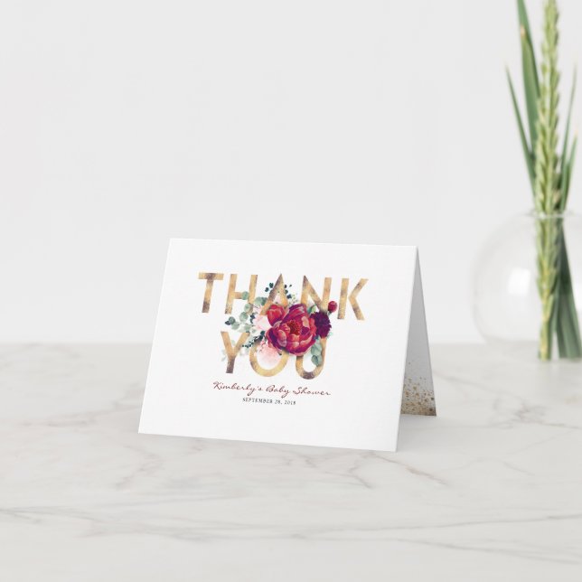 Tarjeta De Agradecimiento Burgundy Red and Gold Floral Baby Shower Gracias (Anverso)