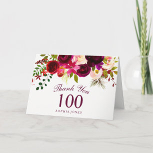 Tarjeta De Agradecimiento Burgundy Red Floral Boho 100 cumpleaños gracias