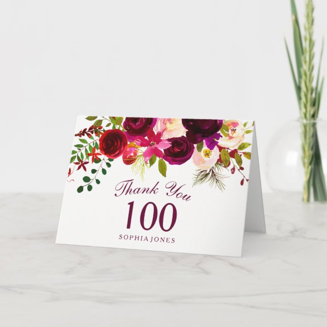 Tarjeta De Agradecimiento Burgundy Red Floral Boho 100 cumpleaños gracias (Anverso)