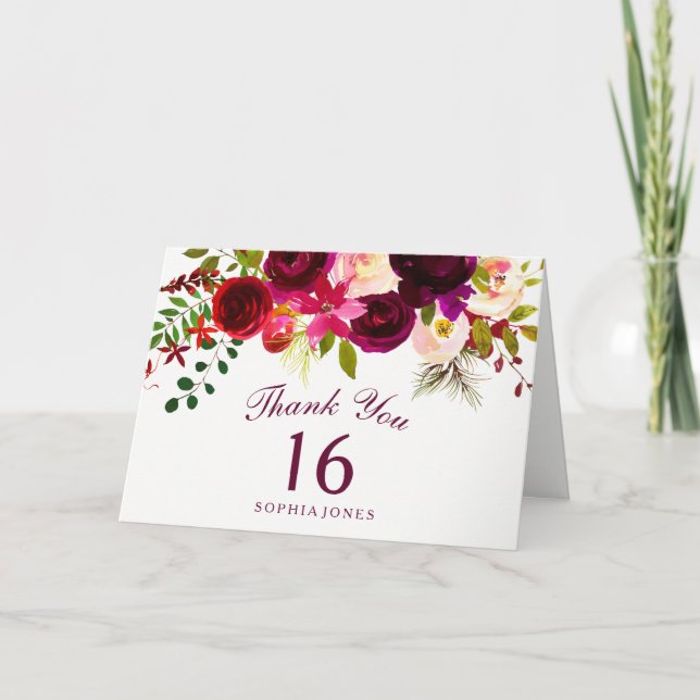 Tarjeta De Agradecimiento Burgundy Red Floral Boho 16 cumpleaños Gracias (Anverso)