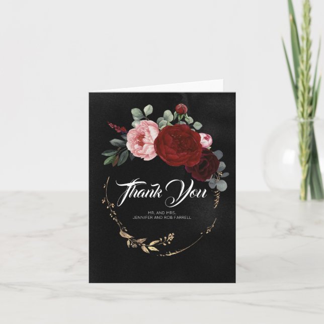 Tarjeta De Agradecimiento Burgundy Red Flowers Black Boda Gracias (Anverso)