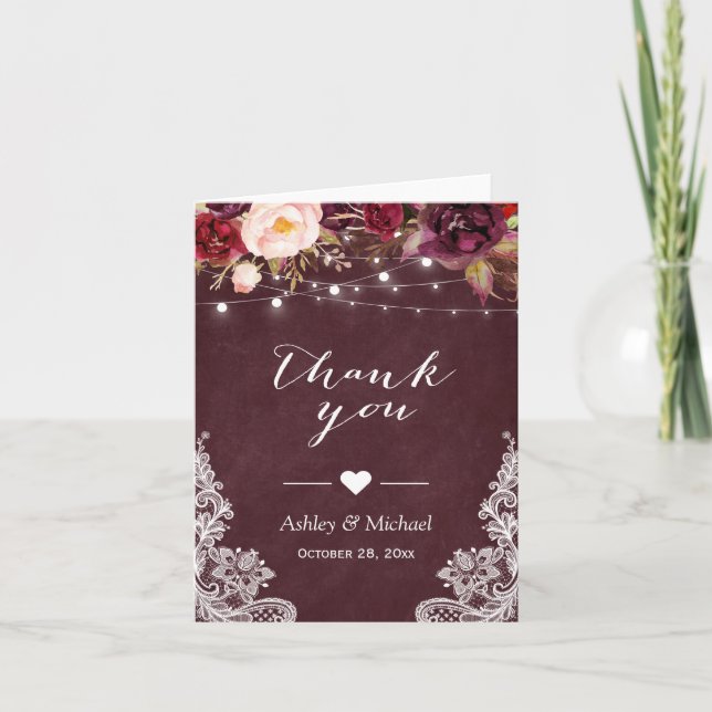 Tarjeta De Agradecimiento Burgundy Red Lace Floral String Lights (Anverso)